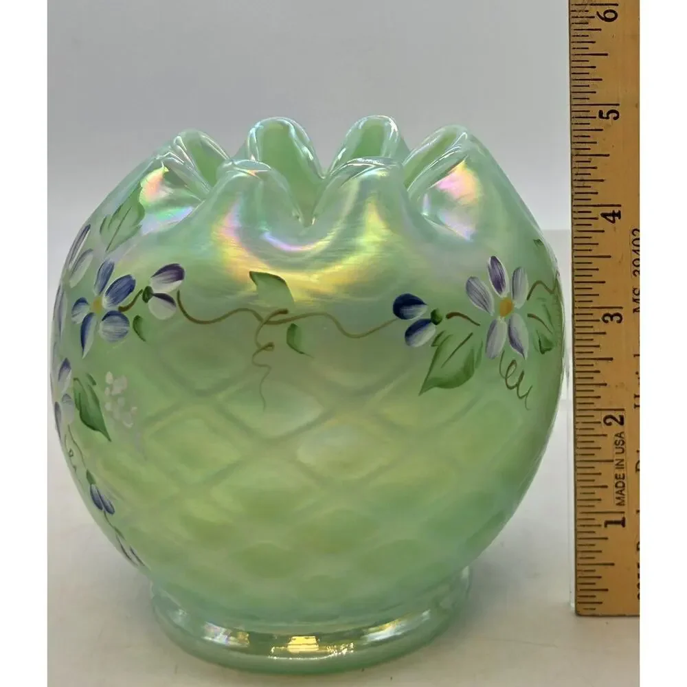 FENTON IRIDISED WILLOW GREEN DECORATED ROSE BOWL SIGNED 95TH ANNIVERSARY